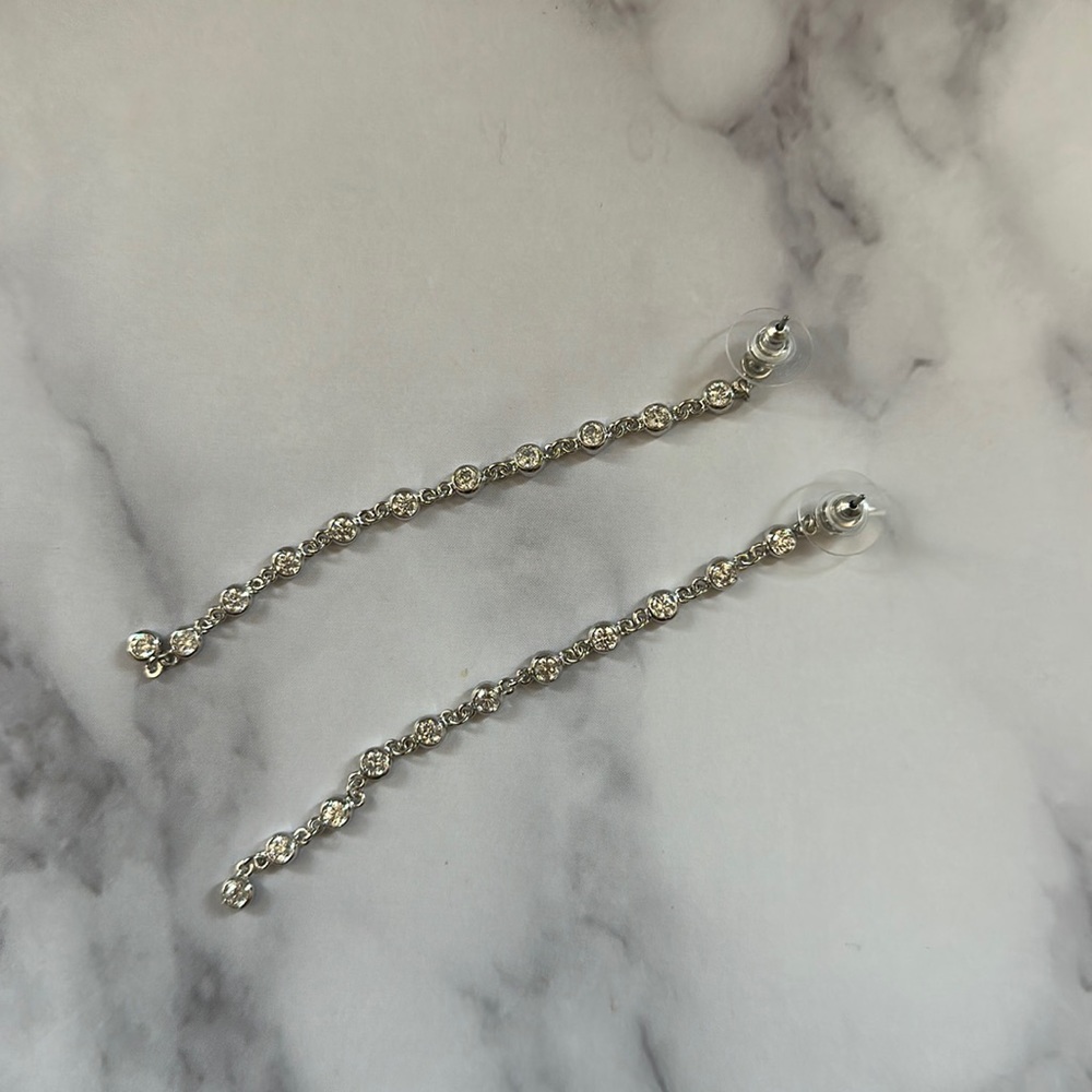 Delicate Long Drop Earrings. Silver with Clear Gem Accents. Lightweight.